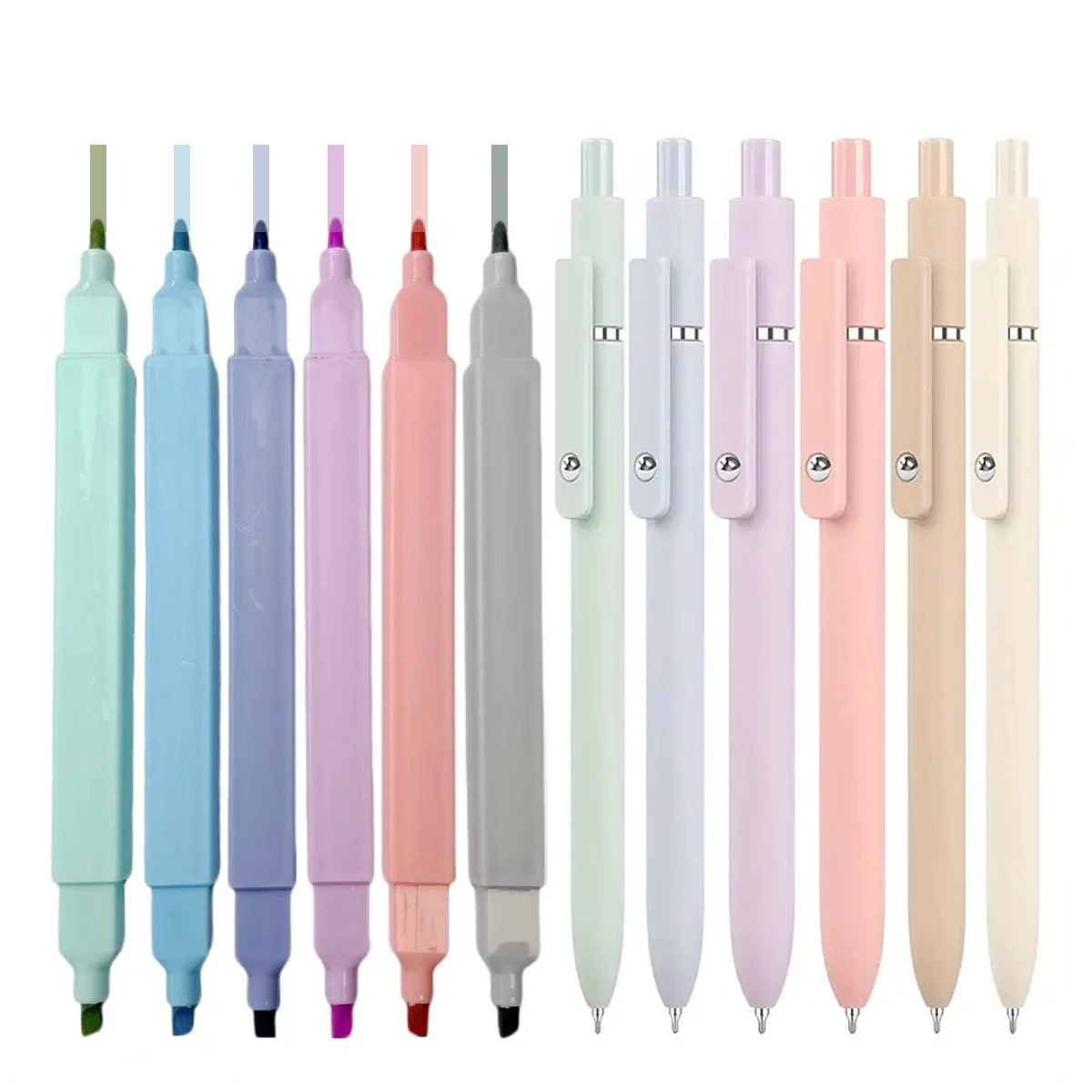 

12 шт. эстетических школьных принадлежностей, 6 быстросохнущих ручек с черными чернилами, 6-цветные пастельные текстовые маркеры, подходит для Stu