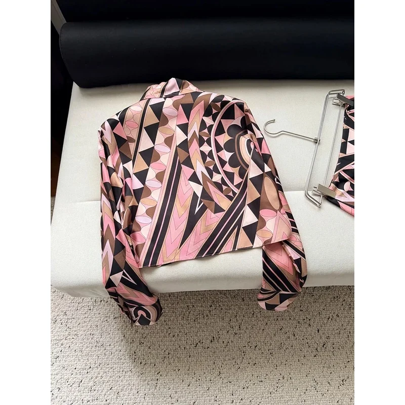 Spring Summer Fashion Geometric Pattern Print Short Style Blouses Women's Turn-down Collar Single Breasted Long Sleeve Shirt