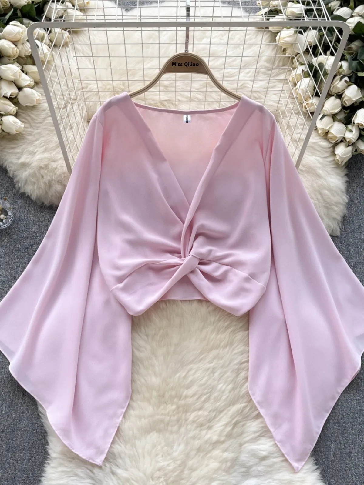 Csa de Gasa de Manga Larga con Cuello en V y Lazada para Mujer, Estilo Coreano, Hoada, para Otoño 2023