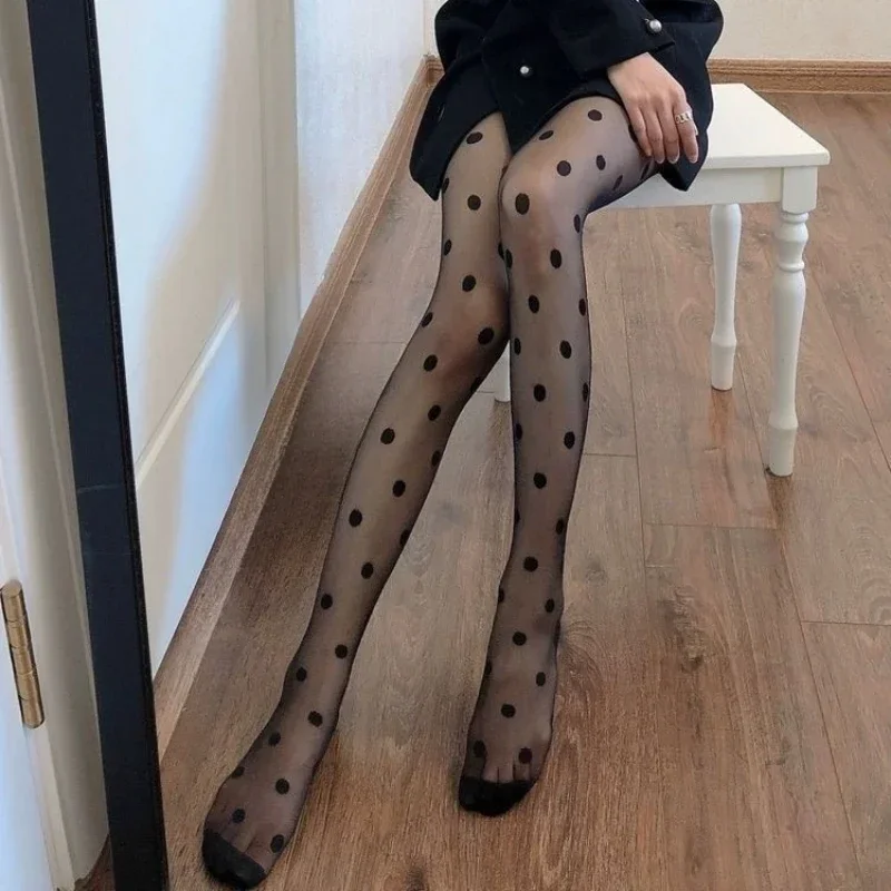 Polka Dot Tights Women Sexy Lace Stockings High Elastic Pantyhose Women Tights Lingerie Female Hosiery Nylon Black Tights