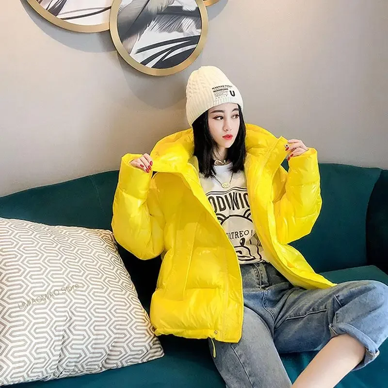 New Winter Women Thick Warm Bright Black Shiny Parka Cotton Jacket Fashion Hooded Glossy Down Cotton-Padded Outerwear