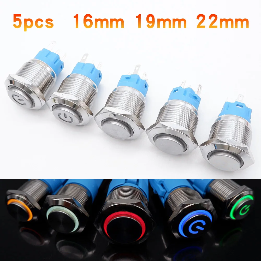 

5pcs 16mm 19mm 22mm Metal Push Button Switch LED High Head Waterproof 12V 5V 6V 24V 220V Motorcycle Switch Momentary Fixation