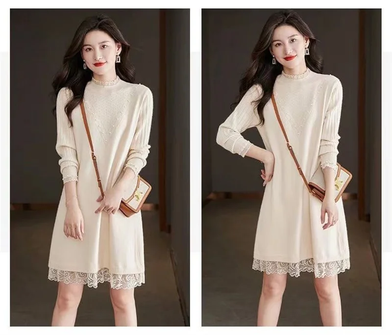 Abiti da donna Abito lavorato a maglia Autunno e inverno da donna Maglione a maniche lunghe con collo semi-alto Abito al ginocchio ispessito
