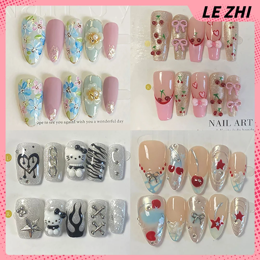 10Pcs Sweet Lovely Long Coffin Almond Full Cover Nail Party Sticker 3D Rose Mushrooms Butterfly Pearl Heart Detachable Fake Nail