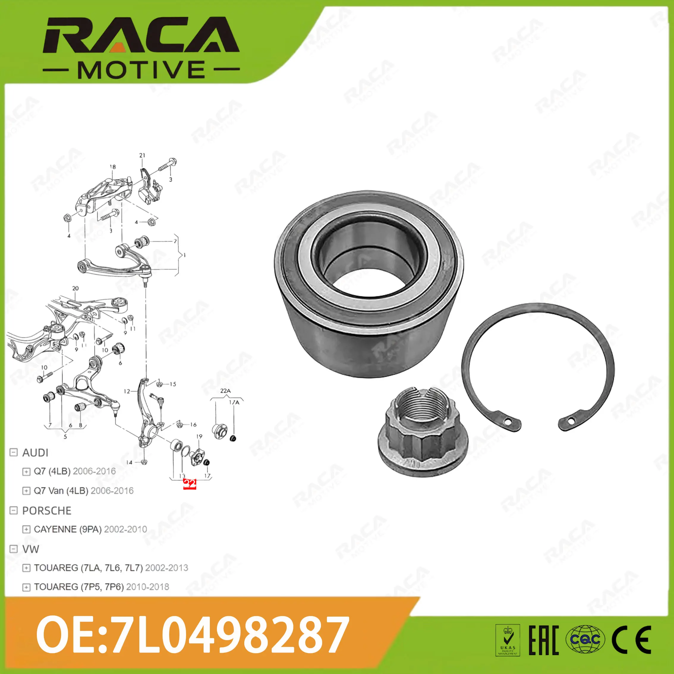 

Подшипник ступицы передней оси в сборе Подшипник колеса (с аксессуарами) Подходит для Porsche Cayenne 9Pa Audi Q7 4 фунта Volkswagen Touareg (7La/7L6/7L7/7P5/7P6) 7L0498287 95534190100