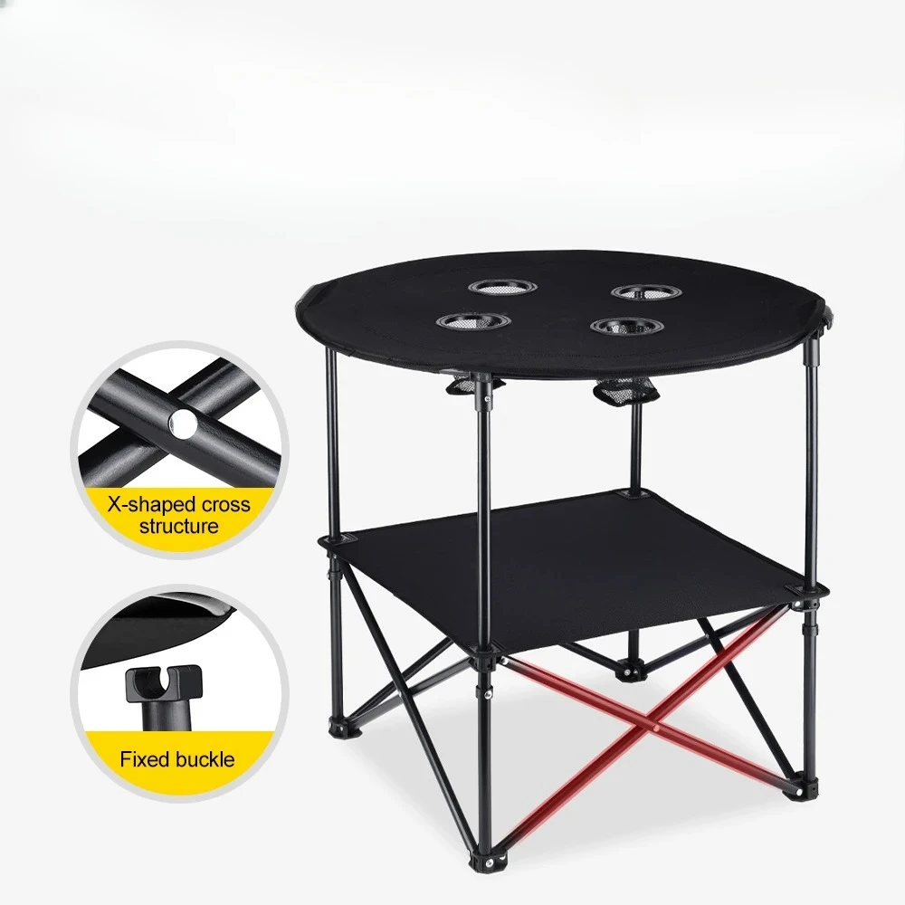 4 Cup Holder & 2-Tier Folding Table Portable Compact Camping Table with Sturdy Tripod Base, Waterproof for Outdoor Beach Camping