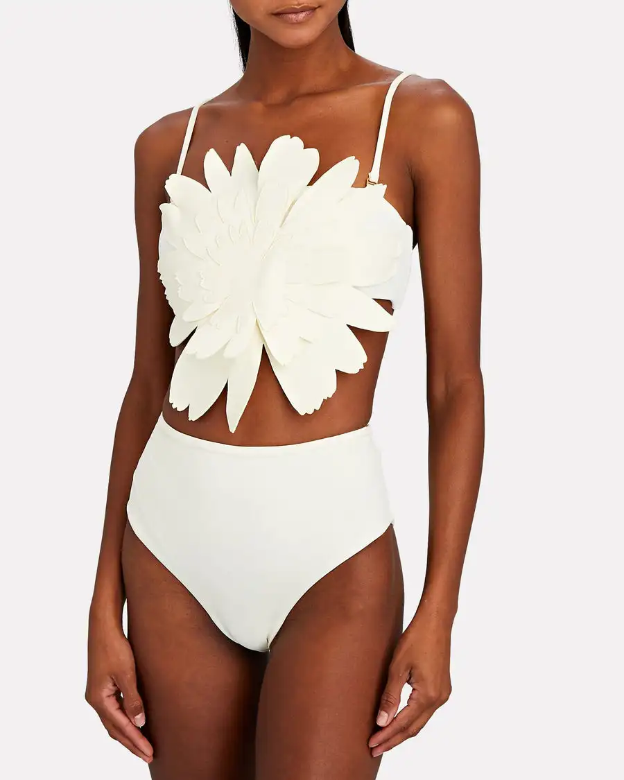 Large 3D Flower Beachwear 2023 Women Swimwear Summer High Waist Solid Color One Piece Swimsuit Bathing Suits Vacation Sexy / New