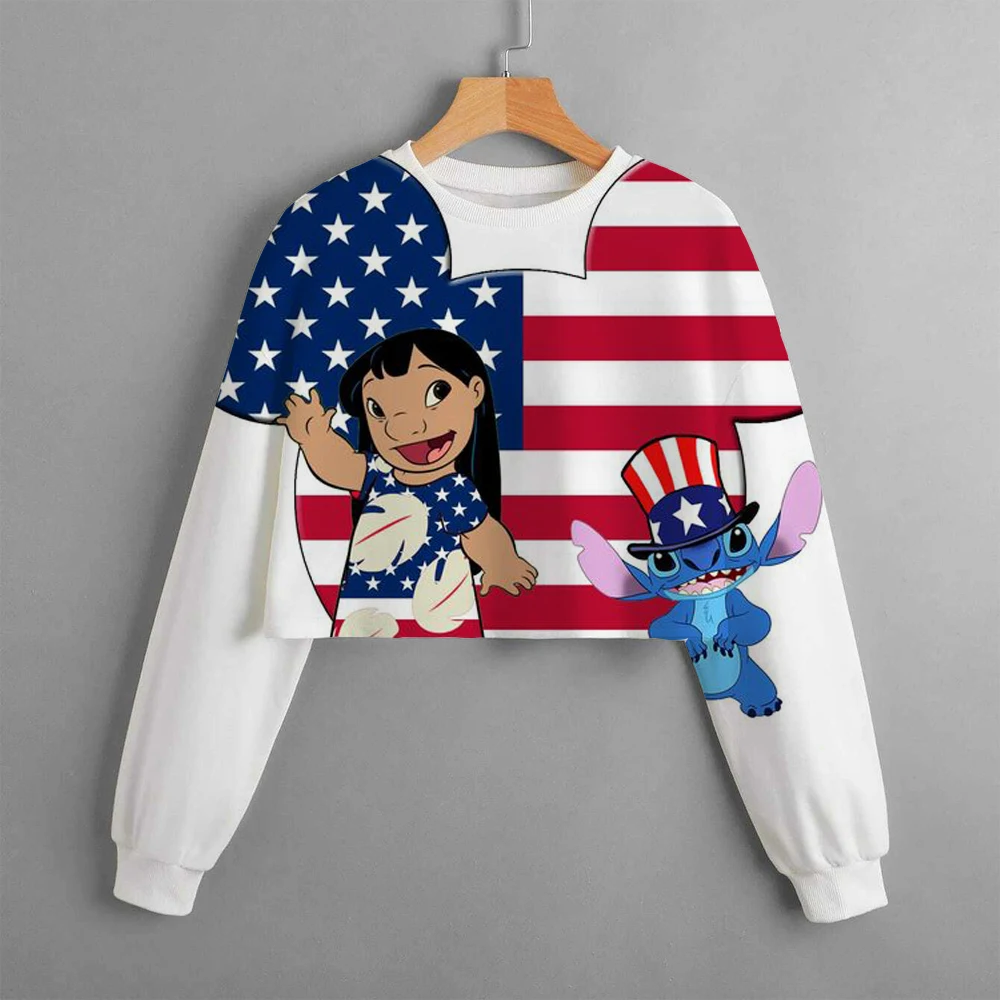 

2023 New Disney Spring and Autumn Girls' Short Sweatshirt national flag Stitch Print Pullover Casual Cartoon Girls' Dress Top