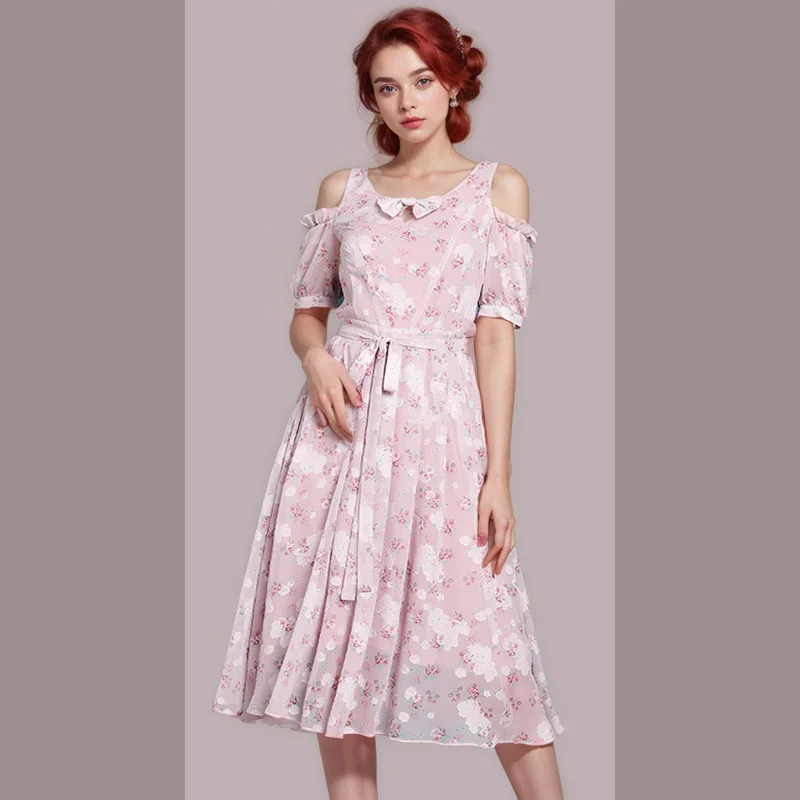 High End Chiffon Dress Women'S New Style In Summer French Printed Sweet Umbrella Skirt