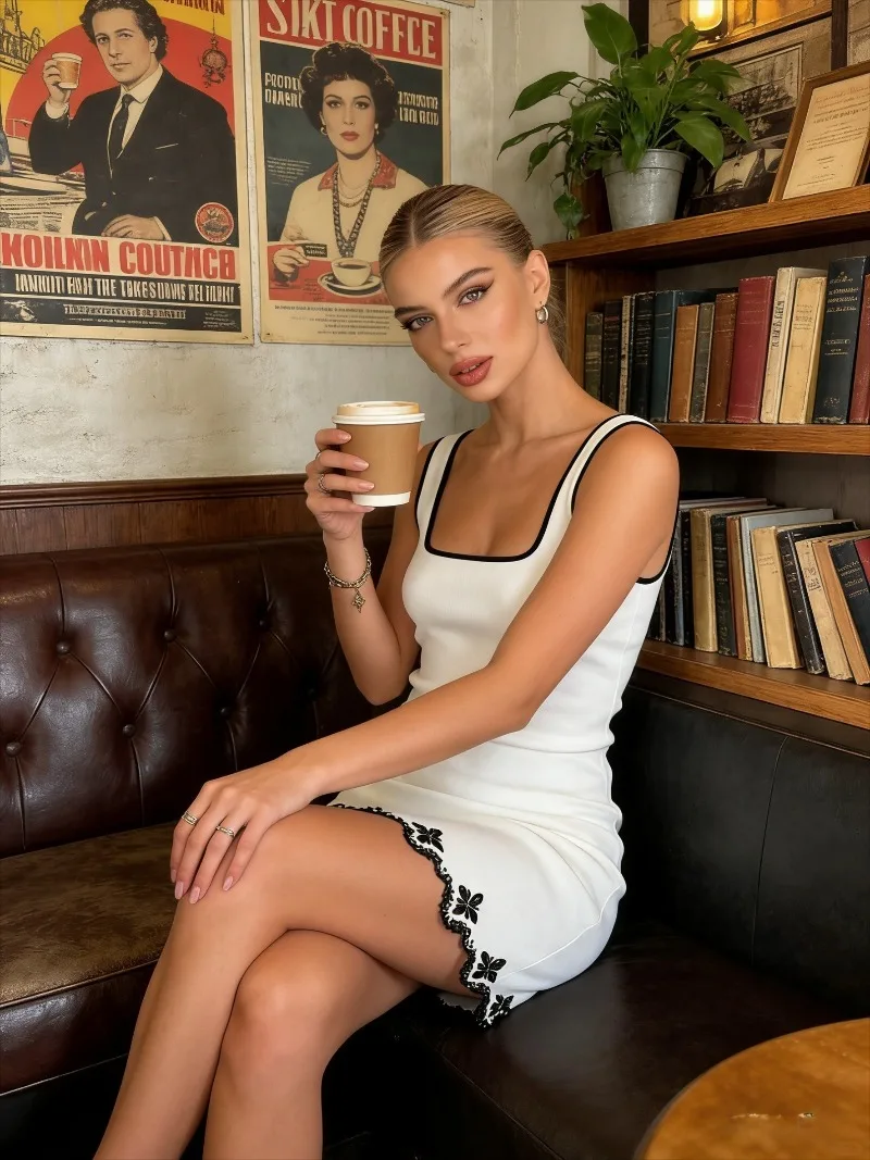Women Contrast Pearl Embroidered Short Strap Dress New Fashion Summer Sleeveless Mini Dress Women Clothing Bodycon Vintage Dress