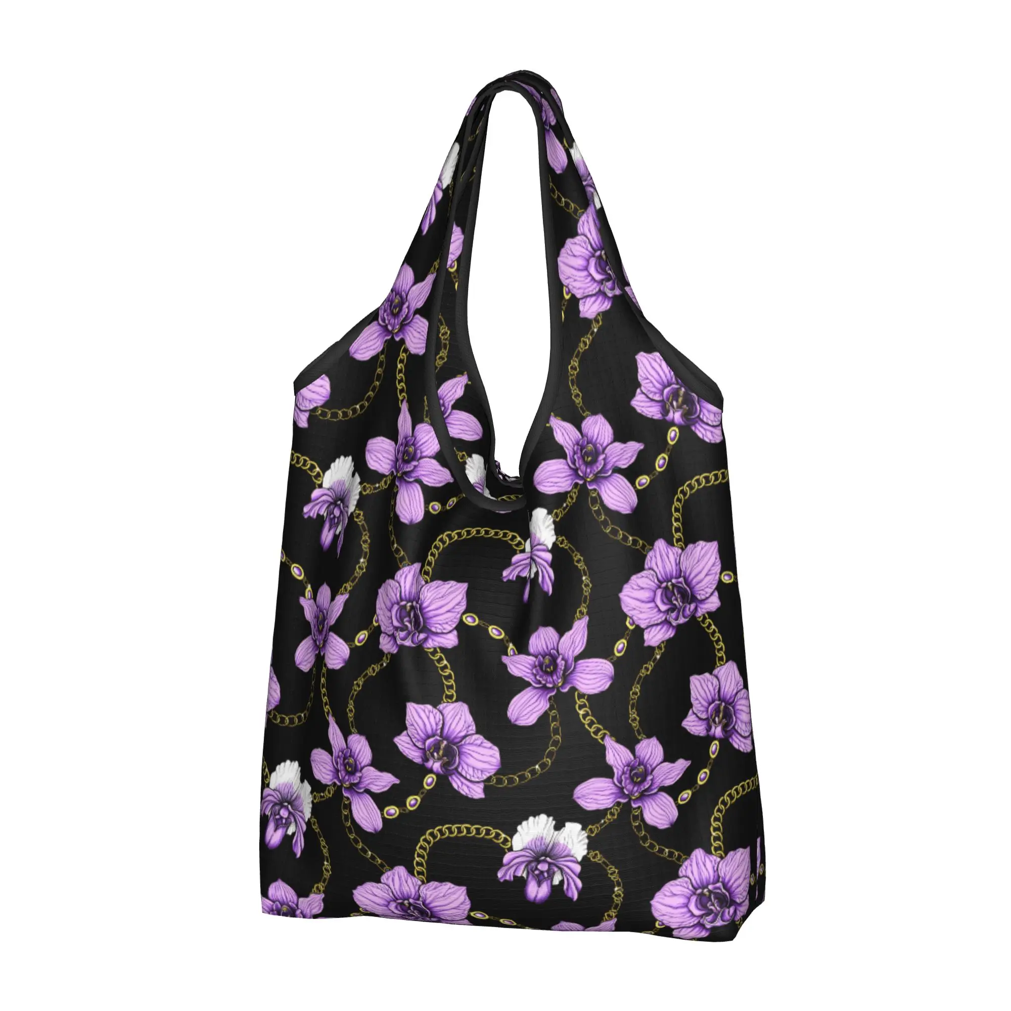 Recycling Violet Orchids Flowers Chains  Shopping Bag Women Tote Bag Portable  Groceries Shopper Bags