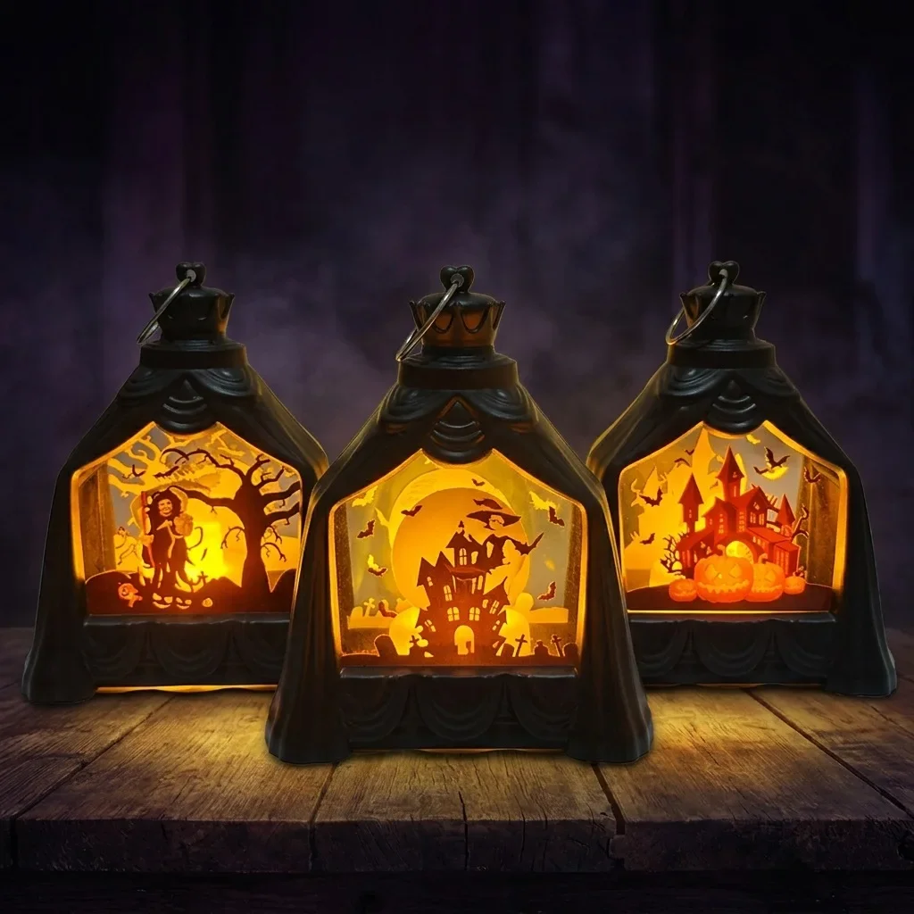 Halloween Haunted House Pumpkin LED Lantern Spooky Tabletop Night Light Castle Tree Candle Lamp Party Home Desktop Decoration