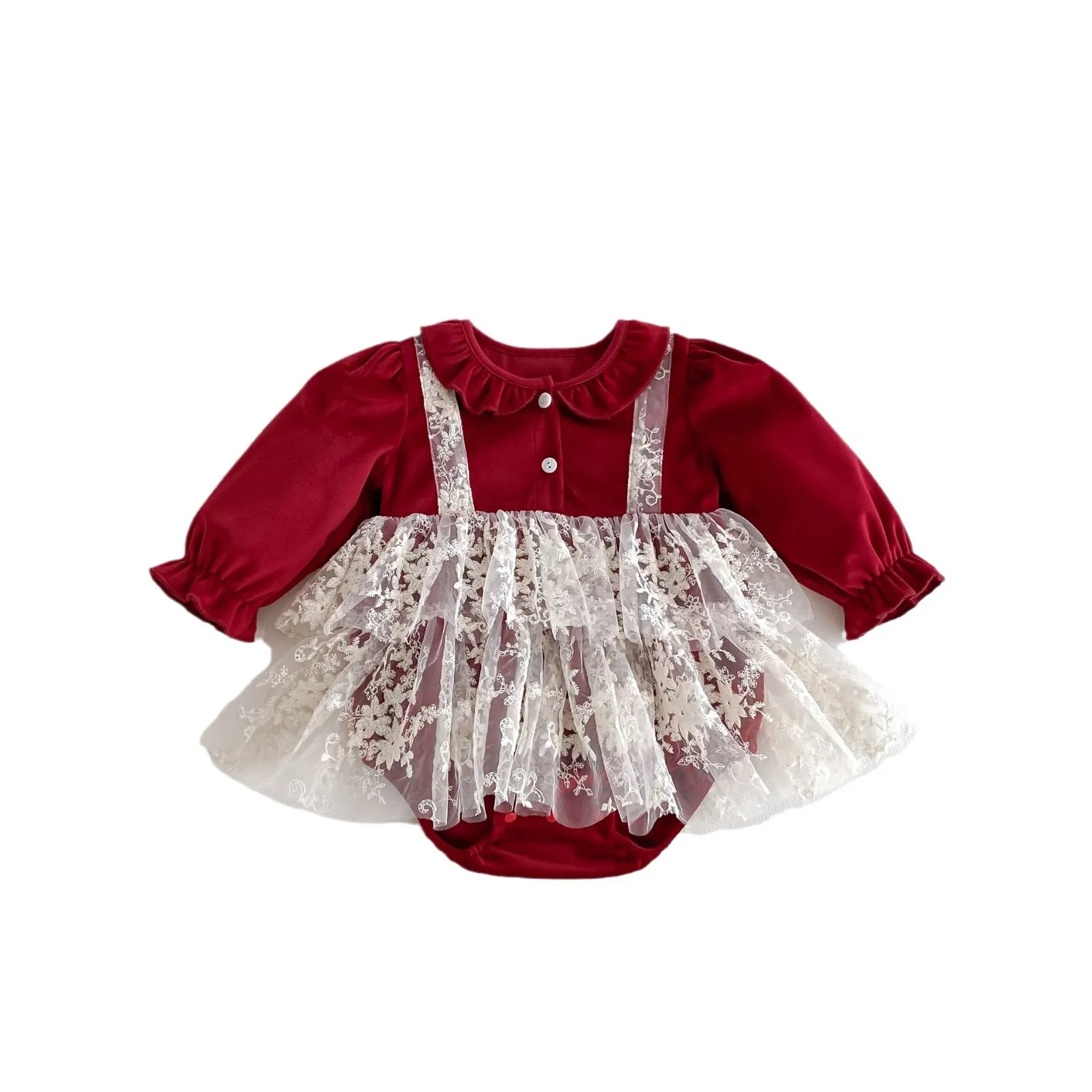 Ins Autumn Newborn Girls Bodysuit Lace Spliced Long Sleeve Red Baby Girls Rompers 0-2 Years Infant Girls Princess Outfits