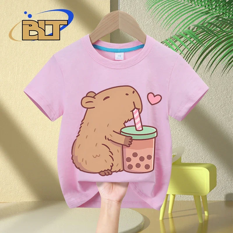 Cute Capybara Loves Bubble Tea print kids T-Shirt summer children's pure cotton short-sleeved casual tops boys and girls gifts