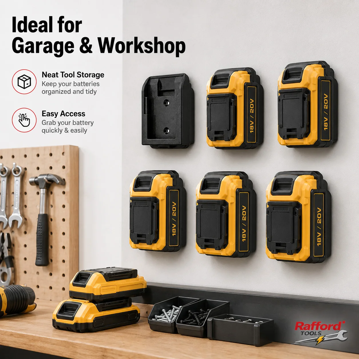 Wall-Mounted Battery Holder/Tool Organizer for DeWalt 18V/20V Batteries – Garage and Workshop Wall Storage Rack