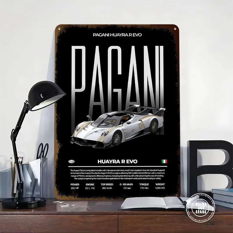 Huayra R Evo سيارة الألومنيوم الطباعة ملصق الملصقات على جدار الفن الحلي علامات معدنية مخصصة للمرآب جدار الفن الديكور