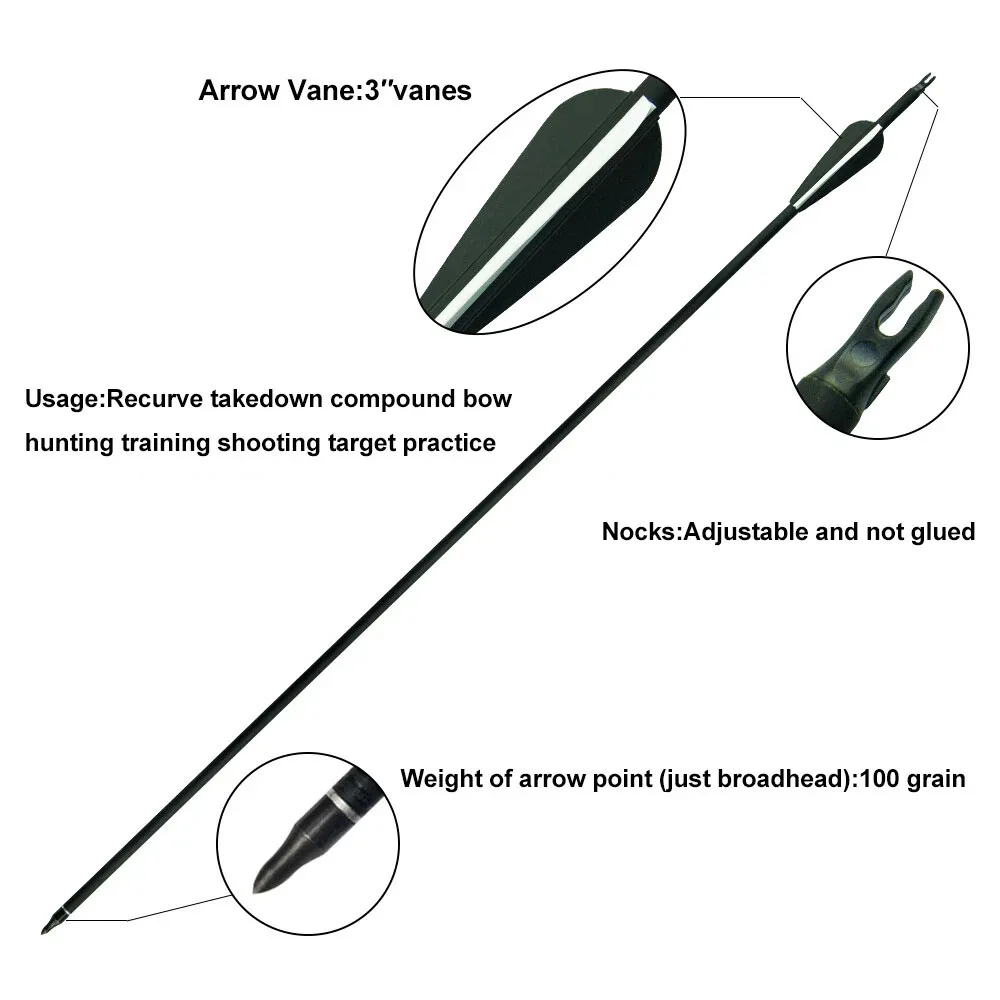30 "سهام كربون العمود الفقري 500 مع 100 الحبوب الصيد برودهيدس رؤوس السهم 3 شفرة لقوس منحني/قوس مجمع الصيد الرماية