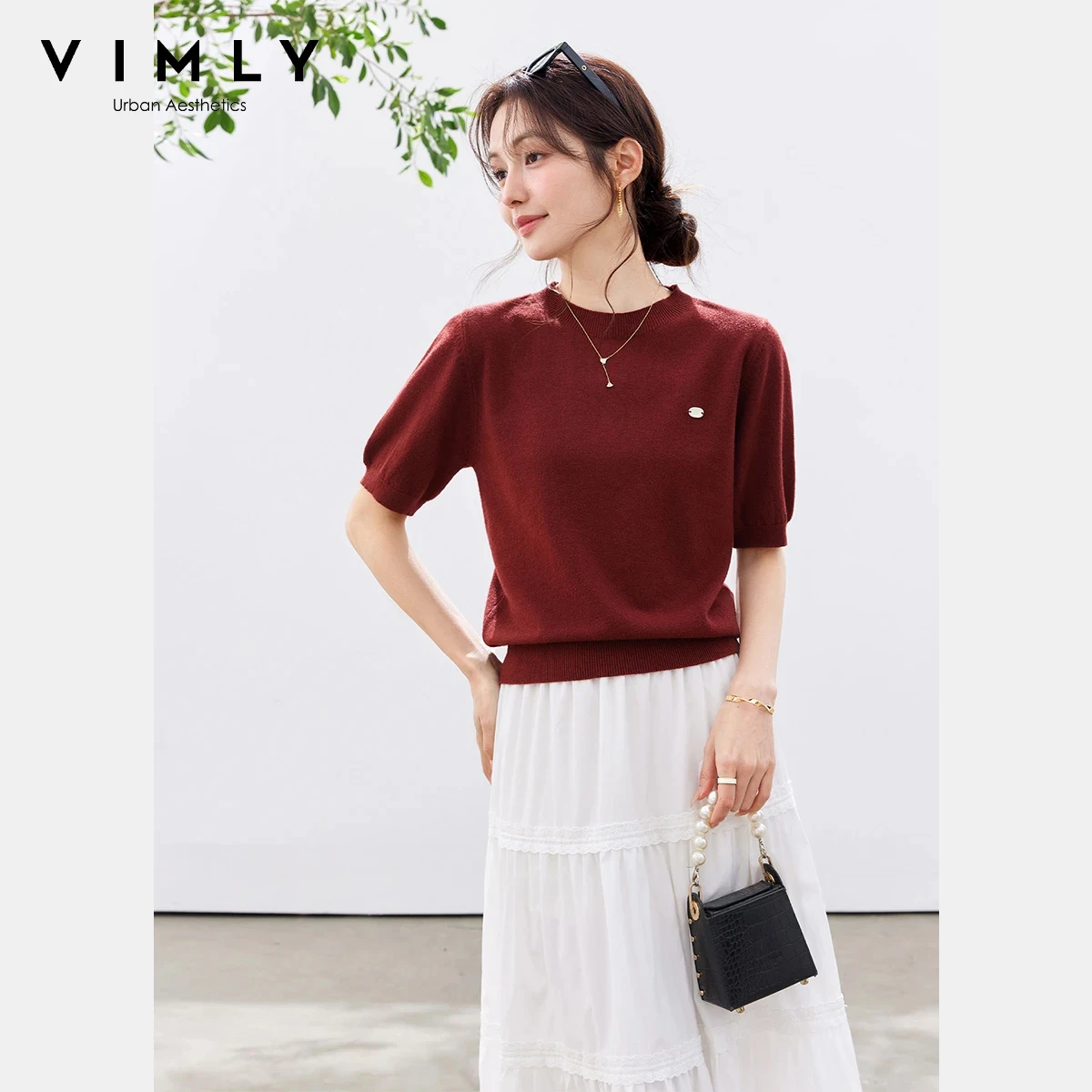 VIMLY Women's Red Ribbed Knit Short Sleeve Top 2026 Summer New Round Neck 3D Metal Embellishment Casual Daily T-shirt 30905