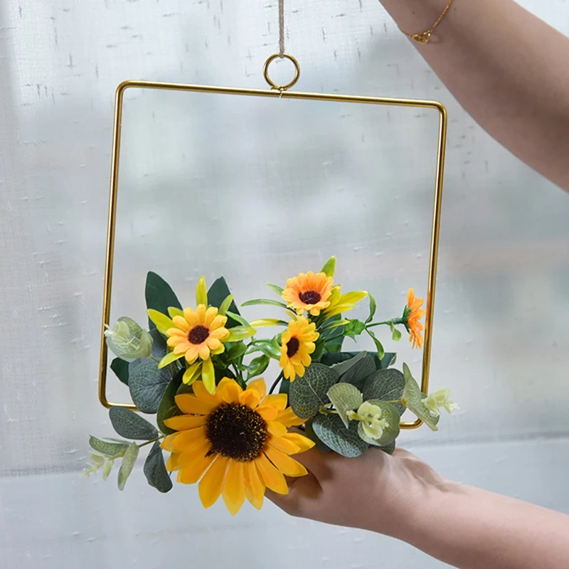 Artificial Girassol Hoop Wreath, Anel De Metal, Wreath Casamento, Pendurado Aro De Parede, Guirlanda Decoração Da Parede Do Viveiro