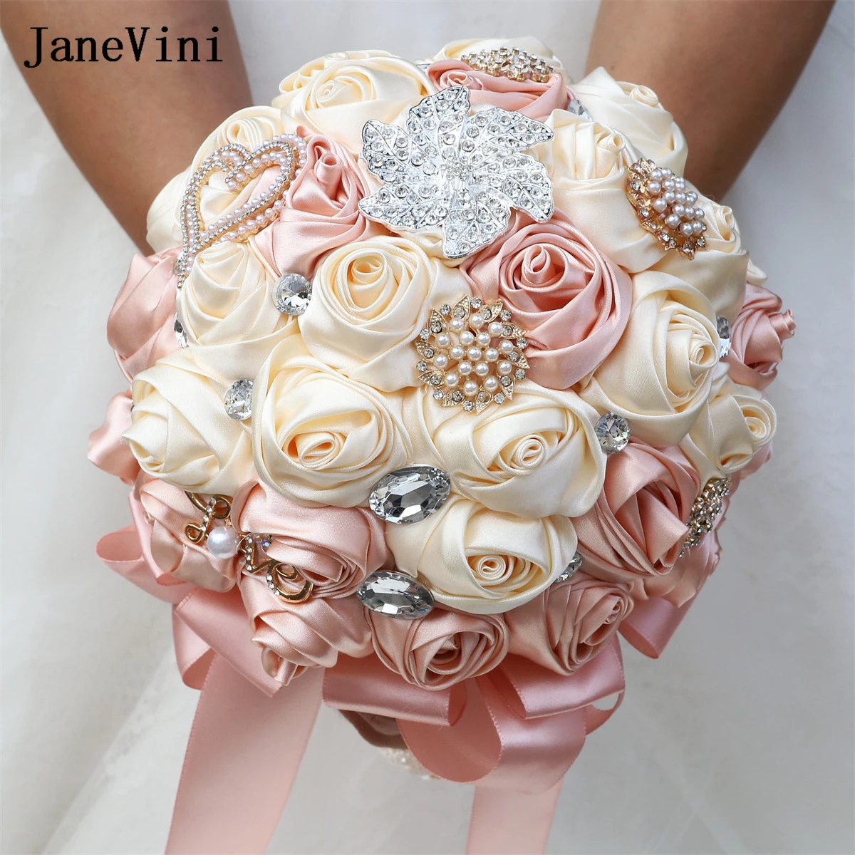 

JaneVini Charming Dusty Pink Apricot Bride Flowers Crystal Wedding Bouquet Artificial Satin Roses Diamond Bridal Brooch Bouquets