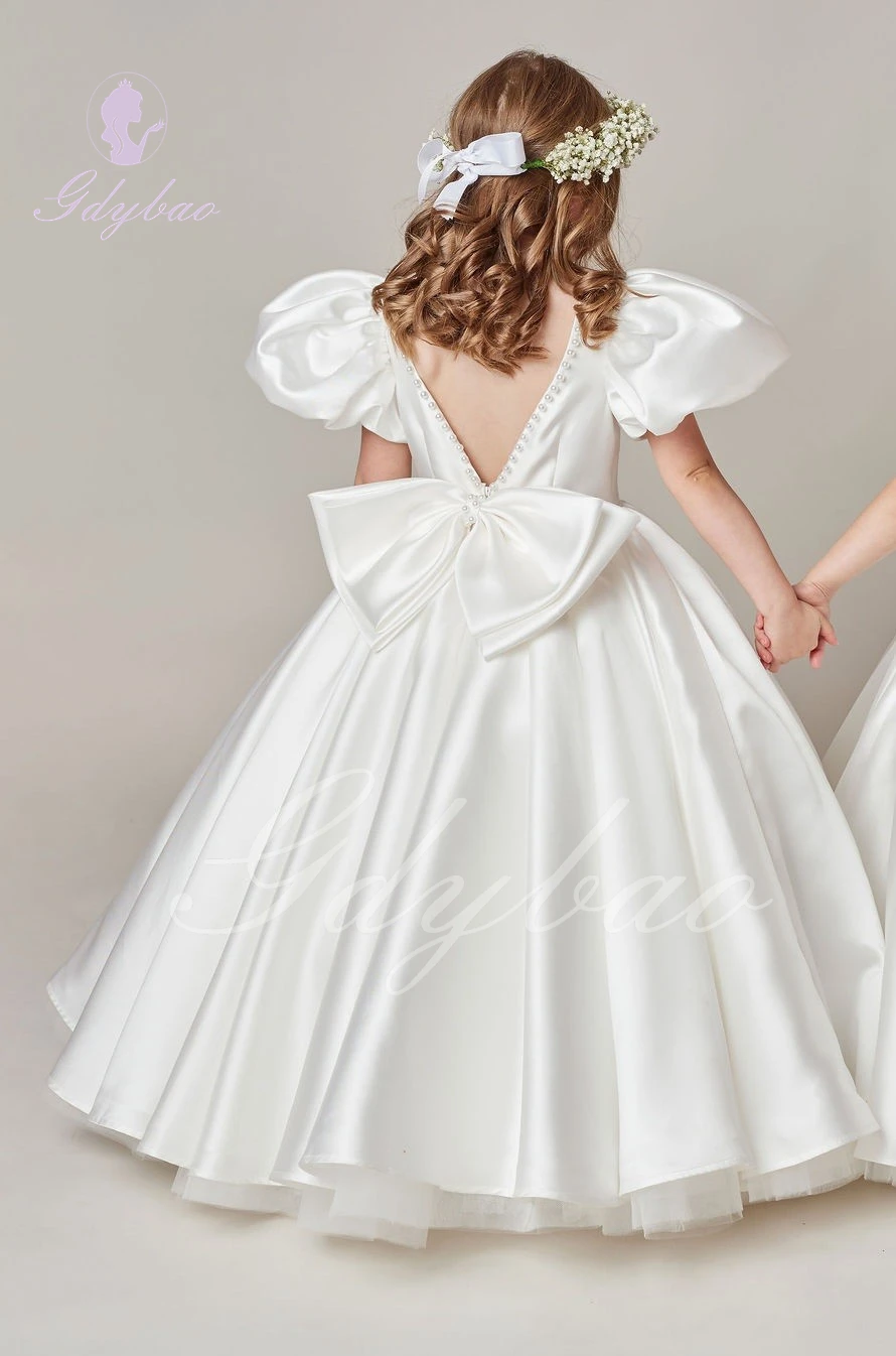 Cetim mini vestido da menina de flor para o casamento na altura do joelho inchado crianças aniversário elegante primeira comunhão princesa vestidos de baile do bebê