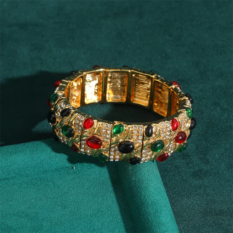 

Vintage Wide Gold Color Natural Stone Bangles Elastic With Designer Red Green Bracelet Antique Jewelry For Women Accessories