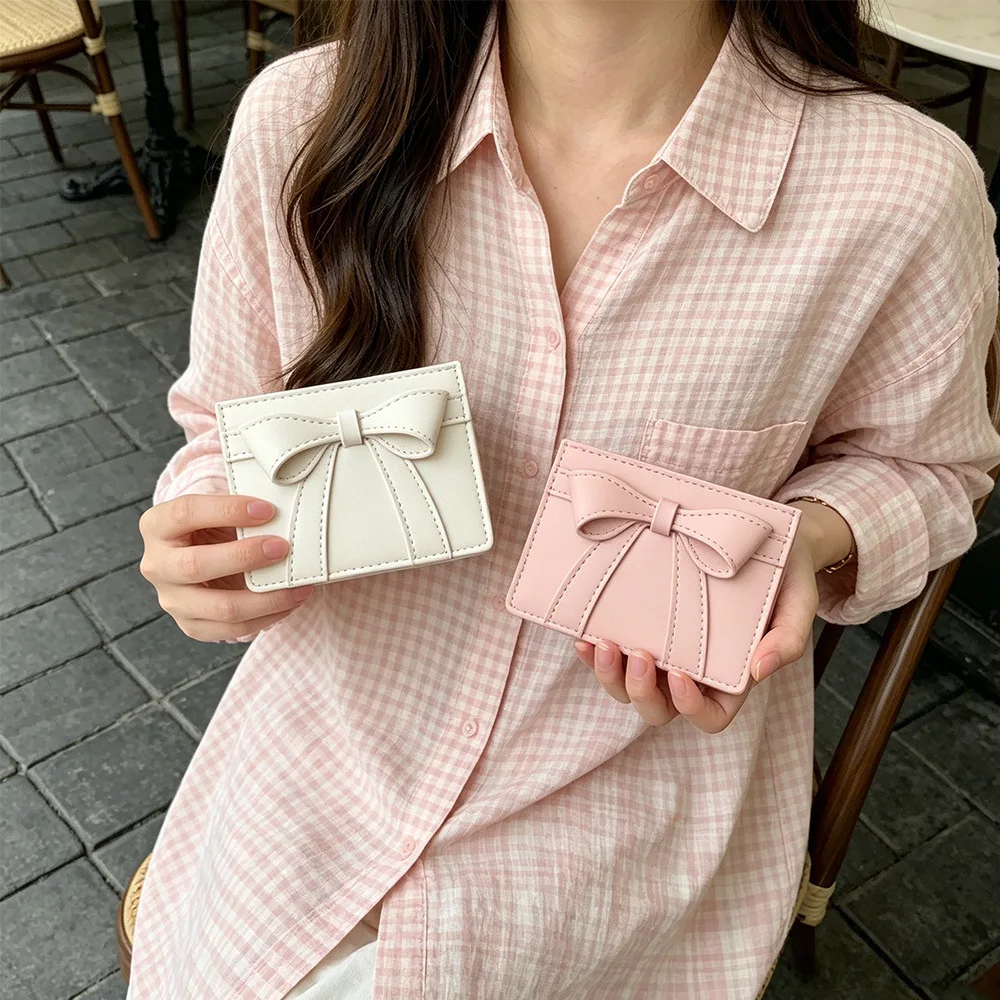 Ladies Fashion Cute Bow PU Leather Card Holder Wallet Purse Women Short Clutch Handbag Large Capacity Daily Casual Pouch