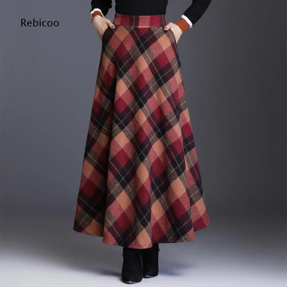Ladies Vintage Checkered Long Skirt High Waist A Line Swing Silhouette Soft Woolen Fabric Maxi Skirt With Practical Side Pockets