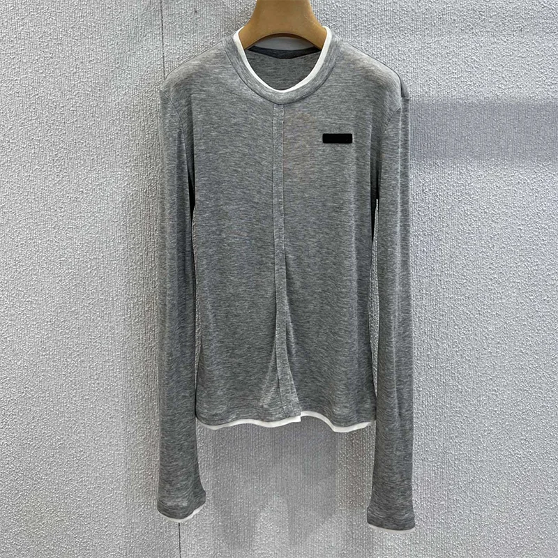 

Высококачественная женская полносезонная футболка из искусственного двух частей с длинными рукавами и аппликацией Fisk минималистский дизайн модная 2591980