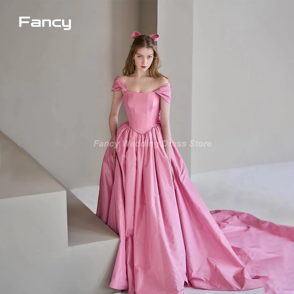 

Fancy Korea Pink Off Shoulder Evening Dress A Line Short Sleeve Prom Gown Taffeta Court Train Wedding Dresses Custom Made