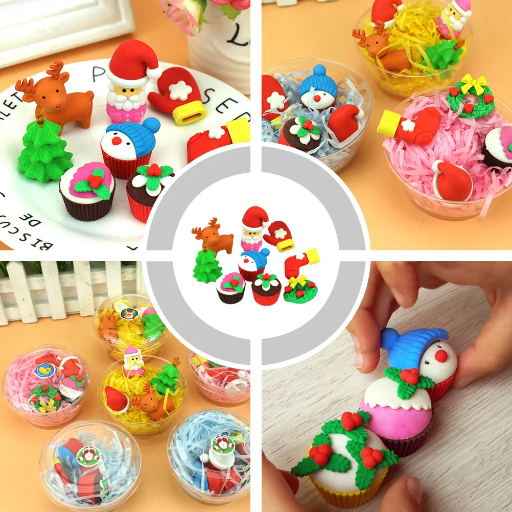 12 Uds. Borrador de Navidad de Papá Noel, lápiz de forma Adorable, borrador de goma, suministros de dibujo para estudiantes escolares, regalo para recoger regalo de Navidad