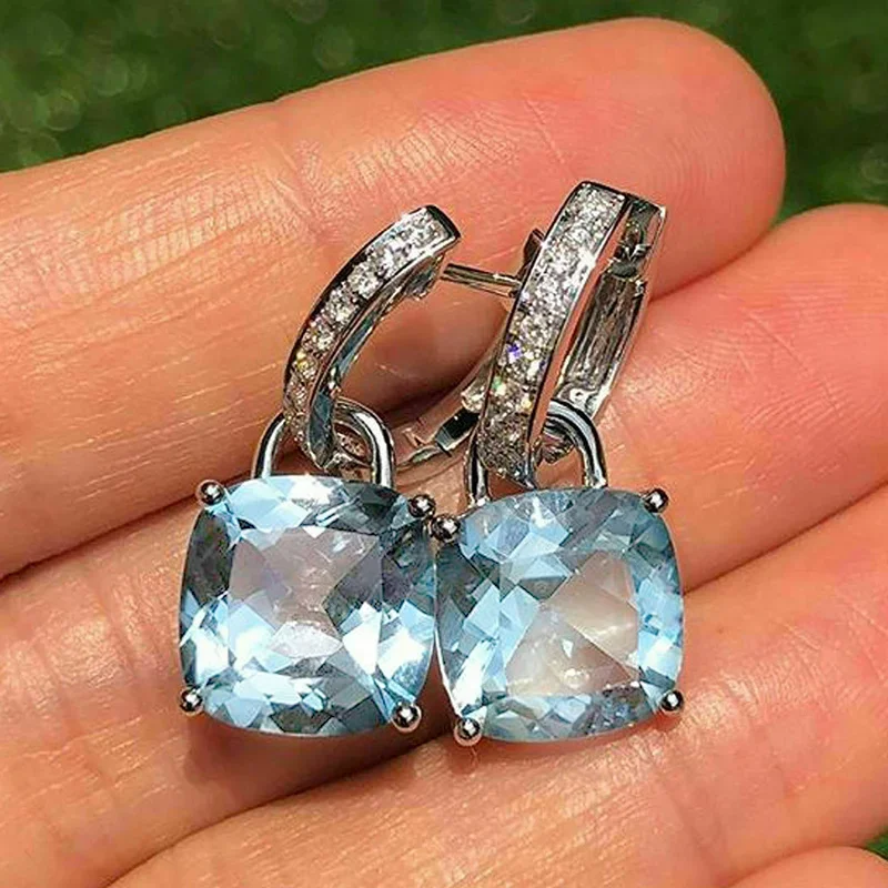 New  Arrival Dangle Earrings Women Cushion Cut Blue Cubic Zirconia Pendant Simple Stylish Girls  Statement Jewelry