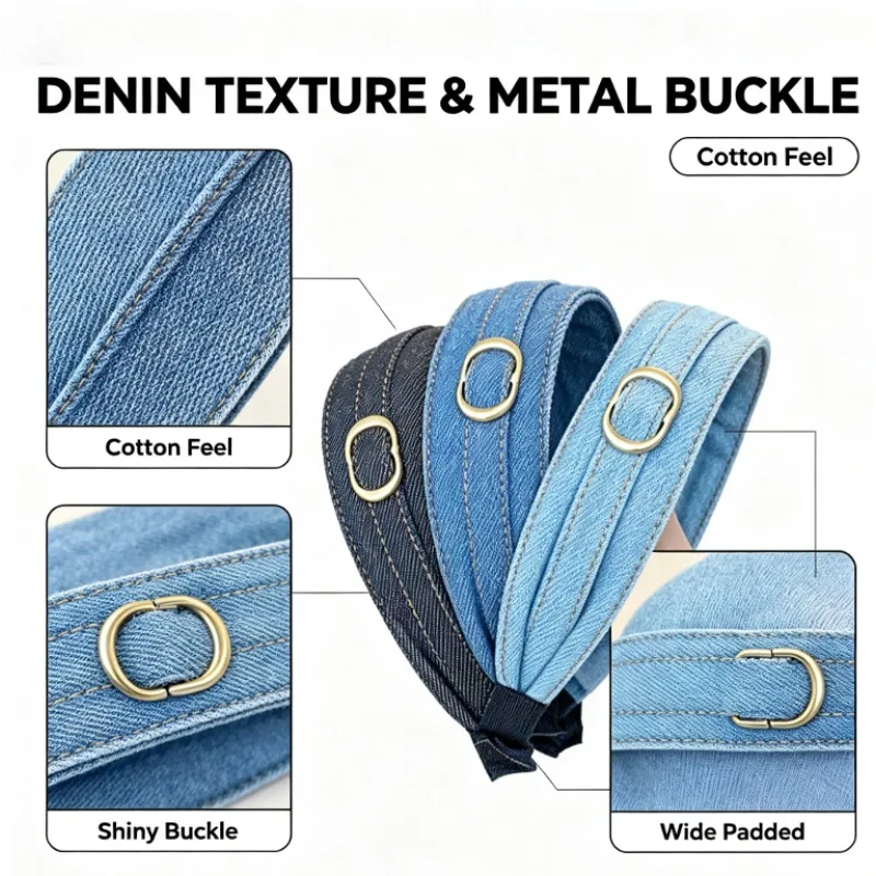 Denim Wide Padded Headband for Women, Retro Korean‑Style Metal Buckle Hair Hoop, Elegant Versatile Hair Daily Hair Accessories