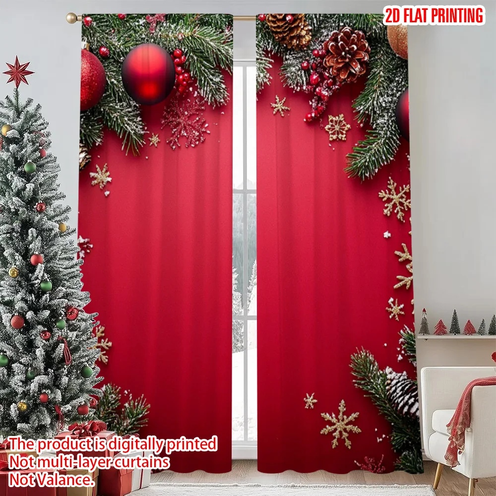 

2pcs 2D flat printing Merry Christmas Drapes Red-gold snowflakes_ pine branches_ berries_ Fabric Without Electricity Festive