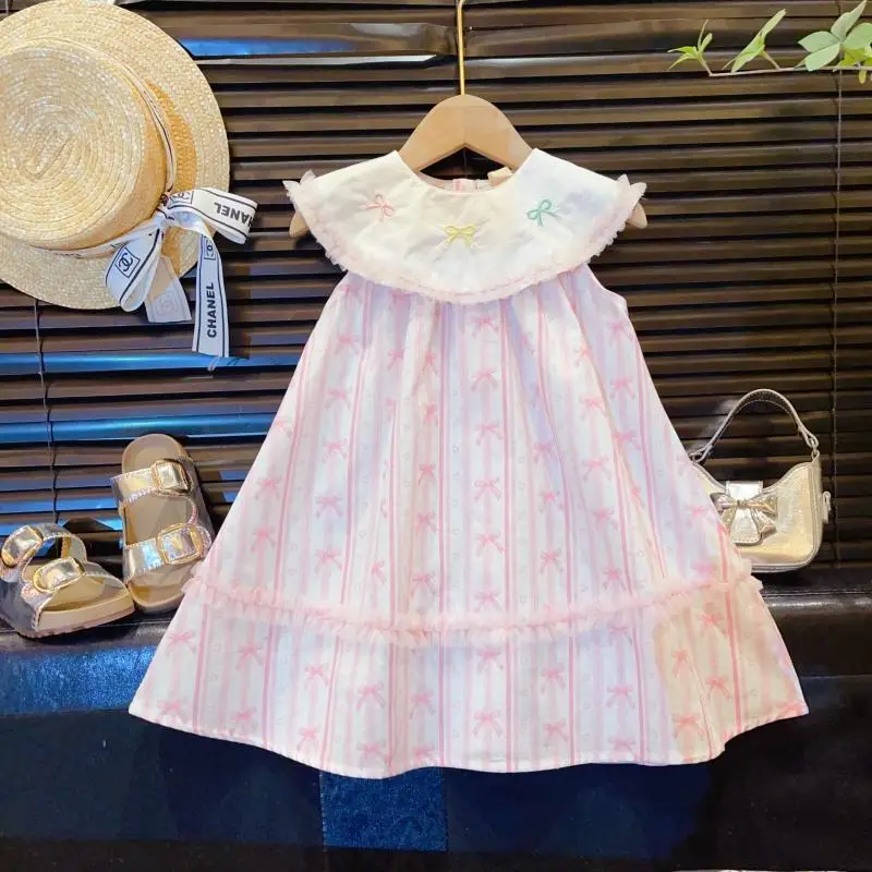 Girls Korean Version of Sweet Striped Lace Collar Vest Skirt Women's Treasure Doll Collar Princess Skirt Summer Sleeveless Dress