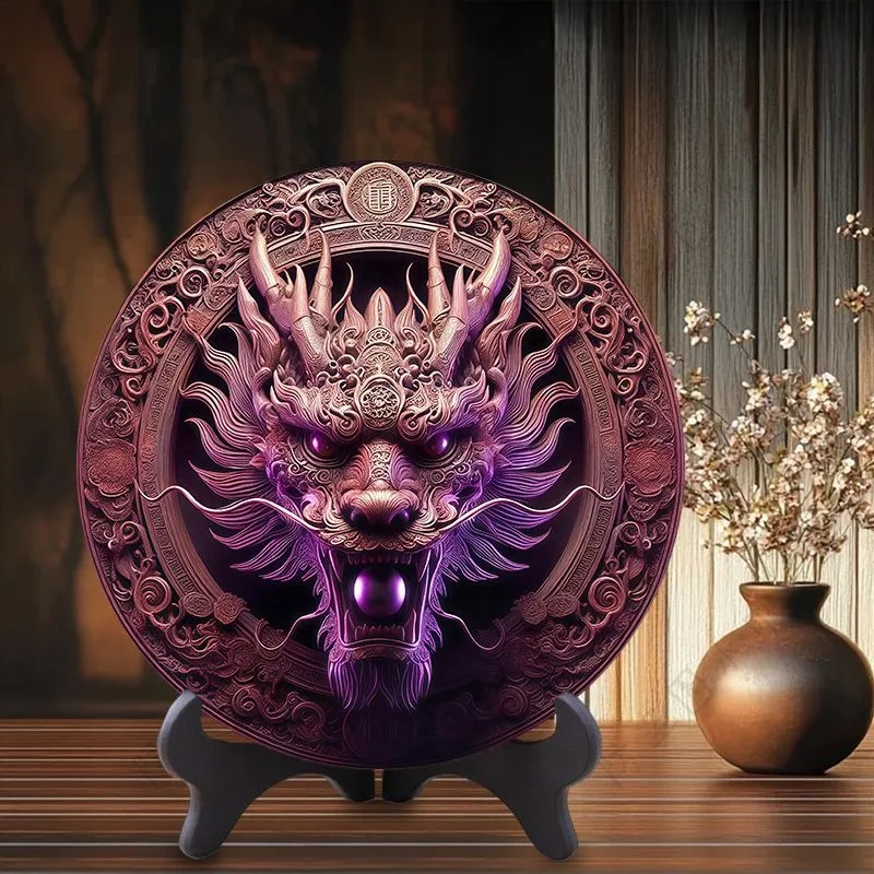 Round Decorative Plate with , Oriental Dragon Pattern Tabletop Ornament, Home Desktop Art Decor