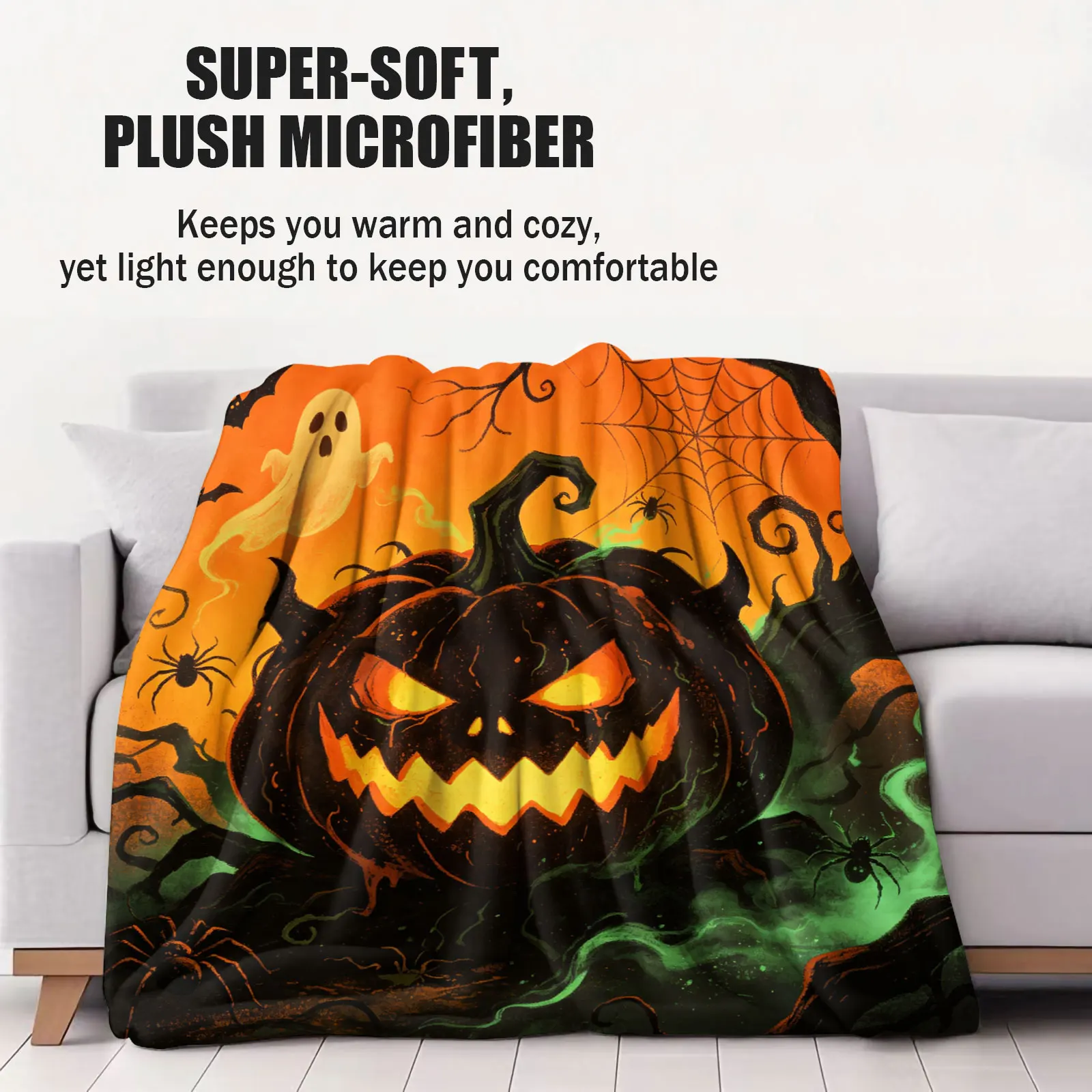 Halloween Flannel Throw Blanket Evil Horned Pumpkin Ghost Bat Spider Spooky Tree Print Soft Warm Blanket for Sofa Bed Camping