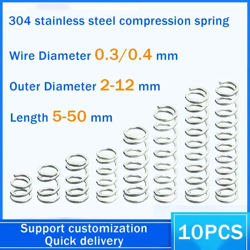 

304 Stainless Steel Compression Spring Wire Diameter 0.3/0.4mm Outer Diameter 2-12mm Length5-50mm Customization