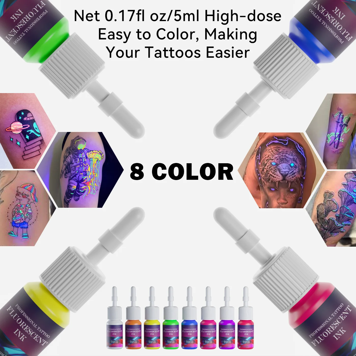 DM Fluorescent Tattoo Ink Set 8PCS 5ml Professional Tattoo Pigment Tattoo Painting Tattoo Supplies Professional Supply
