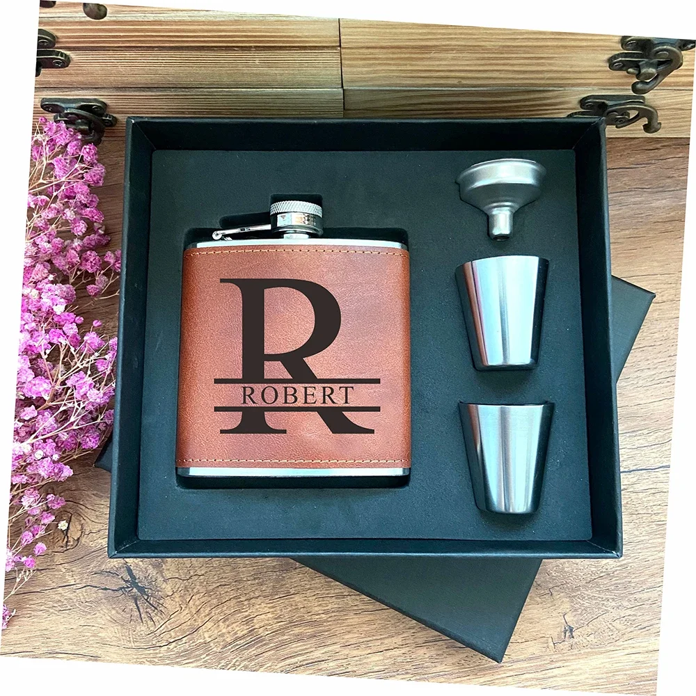 Personalized Leather Hip Flask, Customized Logo, Stainless Steel, Best Man Groom Gift, Wedding Favors, 6oz