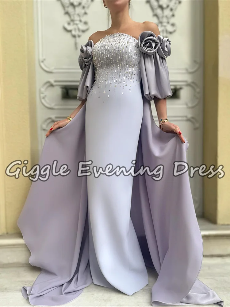 Luxuoso vestido de noite fora do ombro 2026 3d flores lantejoulas contas cetim até o chão dubai baile de formatura vestido formal personalizado