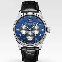 Parnis 26 jóias luxo 42mm fase da lua automático relógios masculinos pulseira de couro miyota 9100 azul dial reserva de energia