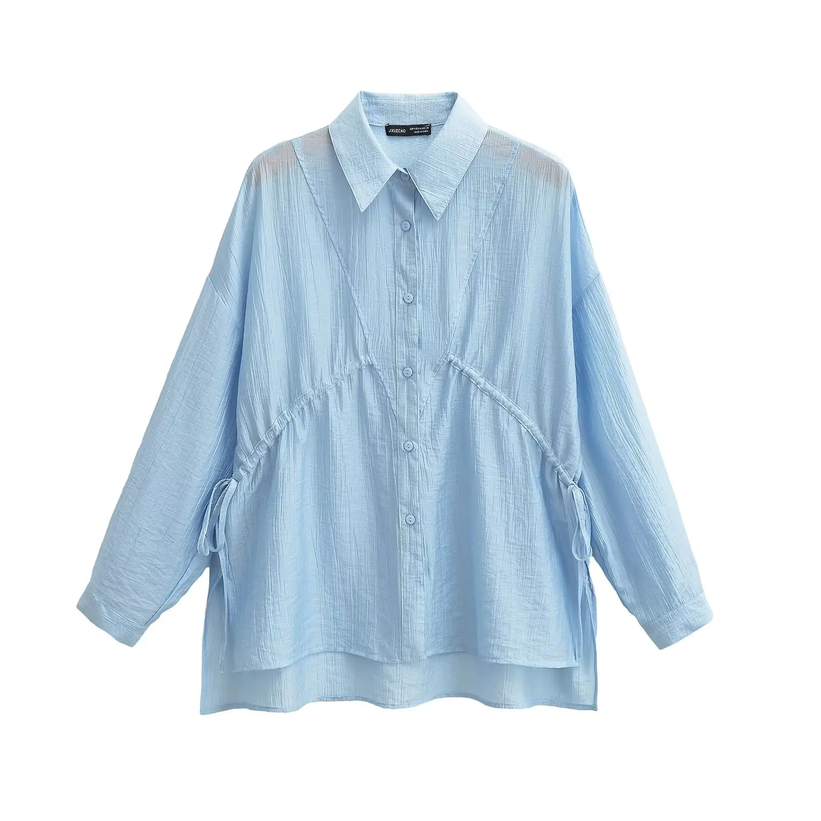 JNLEAOG 春の新作レディースファッションシャツ ベルト付き ルーズフィット ポリエステル繊維 長袖 無地 ターンダウンカラー