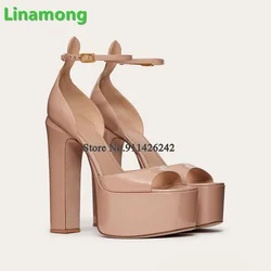 Kwadratowe pięty Peep Toe luksusowy Design sandały dla kobiet klamra na kostce pasek Sexy eleganckie płytkie jednolita sukienka letnie buty