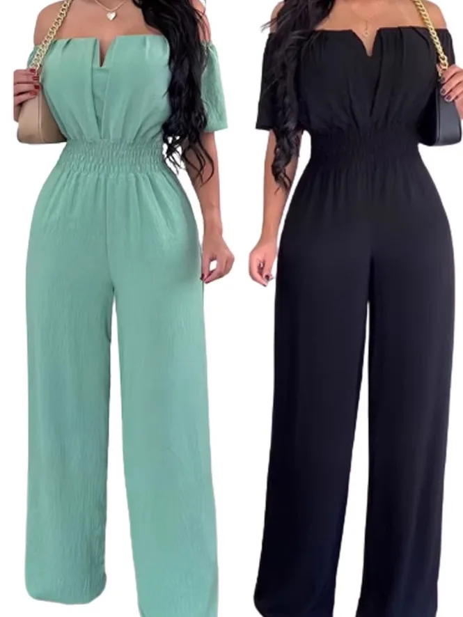 

Loose One Collar Waist Cinched Jumpsuit Street Sle mid Waist Long Pants Polyester Summer 2025 Regular Thin