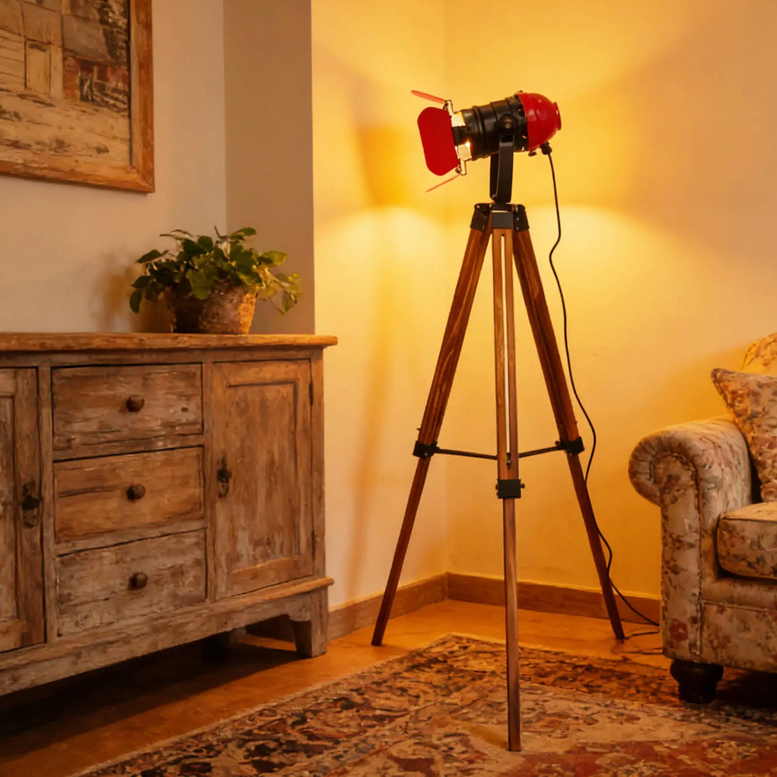 Industrial Tripod Floor Lamp Living Room Weather Wood Standing Large Lighting Metal Lampshade Studio Lights Retro Floor Light