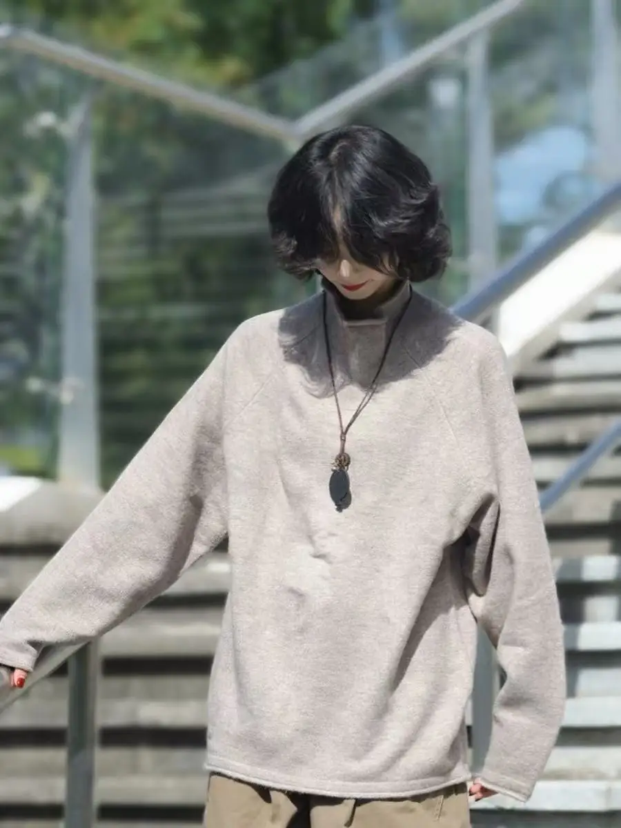 

Ретро японский вязаный свитер с высоким воротником, повседневный базовый цвет для мужчин и женщин, осень-зима, удобное полиэфирное волокно