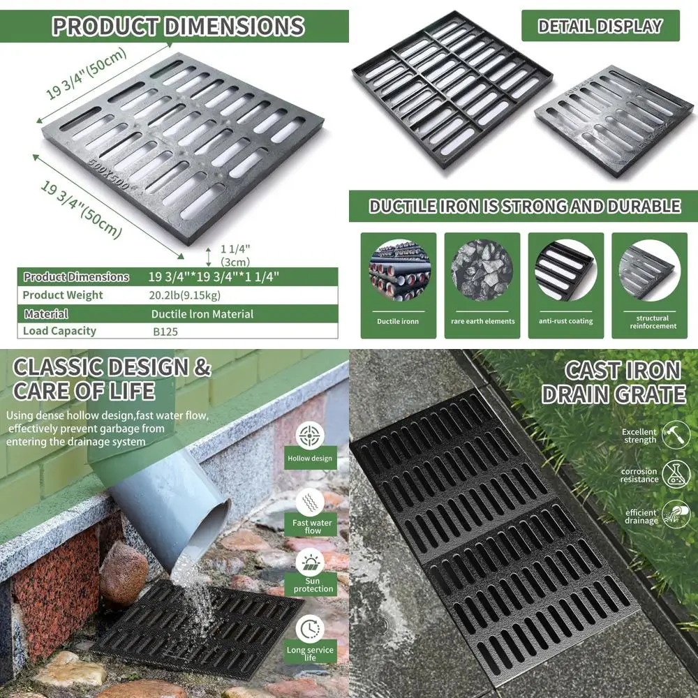 

Heavy-Duty 20x20in Cast Iron Drain Cover, B125 Rated, Black Square Grate for Outdoor Concrete Applications