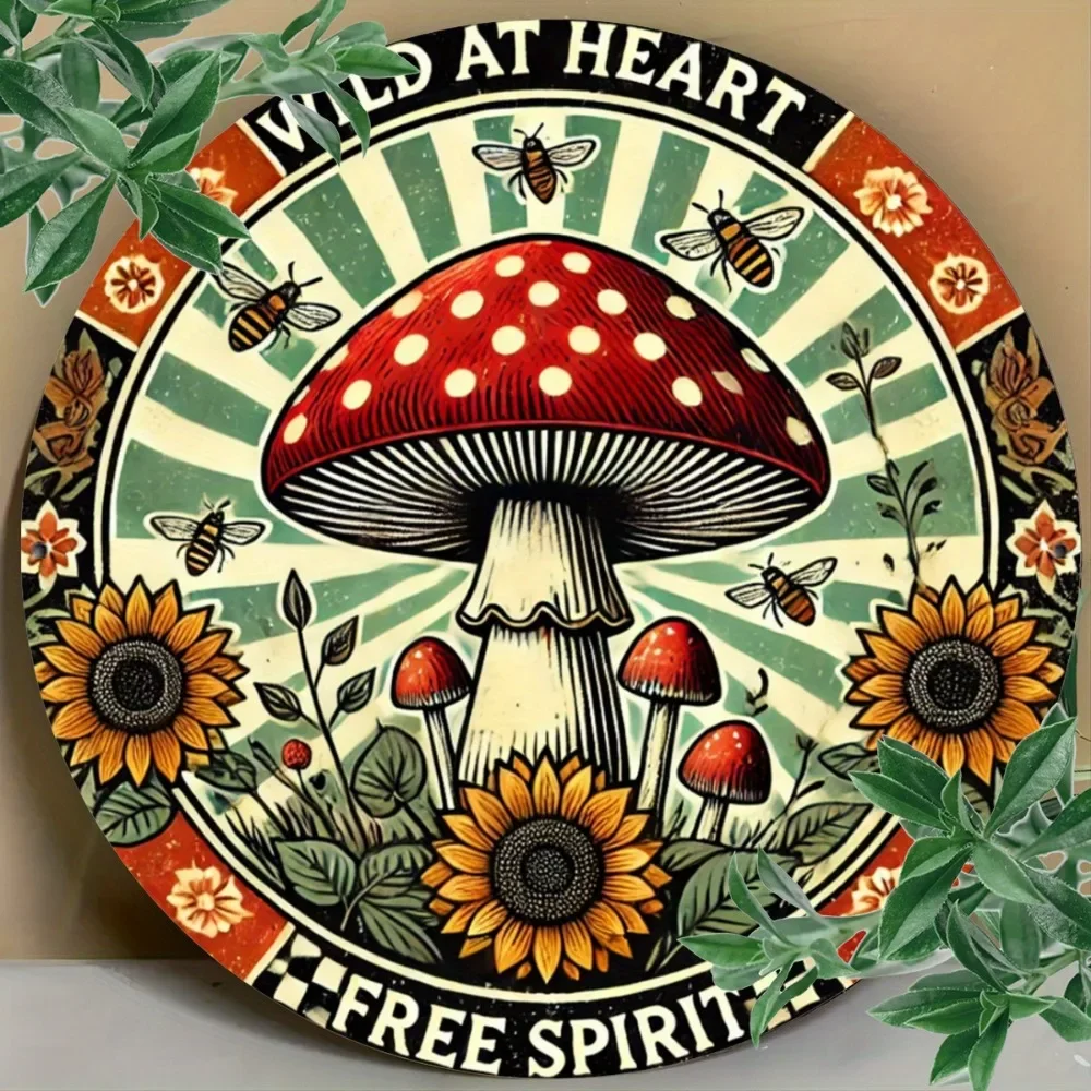 لافتة معدنية على شكل عباد الشمس والنحل والفطر، فن معلق من الحديد الدائري المطبوع المسطح، ديكور جداري مقاس 8 بوصات لنوادي الحانات والمقاهي #6