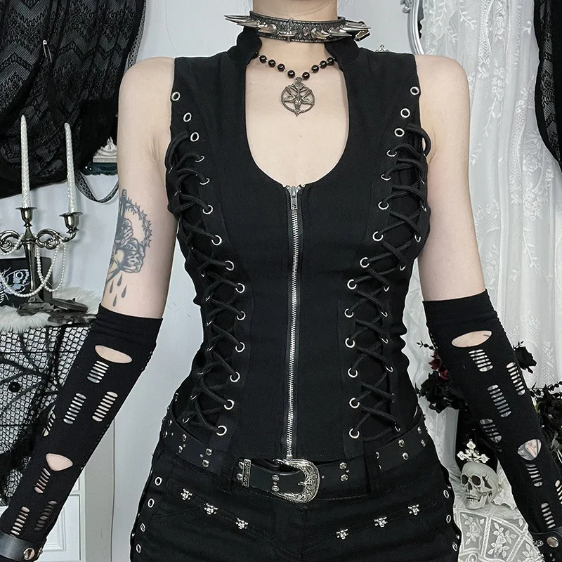 

k Strap Waist Cinching Zipper Vest Slim Fit Svel Thiened Polyester Summer Faion Women's T-irt Sle Vest